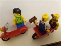 3 Lego Mini Figures, Wheelbarrow, Scooter