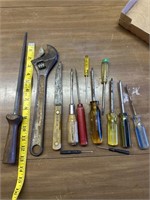 CRESCENT WRENCH, KNIFE SHARPENER, SCREWDRIVERS