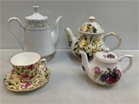 (3) China Teapots & Cup w/Saucer