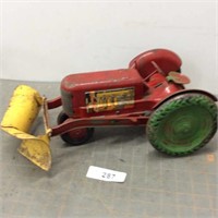 Vintage tin toy tractor w/front V-blade