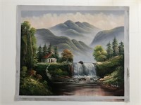 Mountain Cabin - Waterfall - Landscape Art