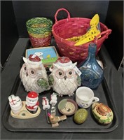 Painted Redware Eggs, Owl Decor, Baskets.