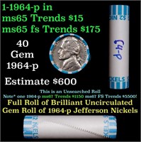 BU Shotgun Jefferson 5c roll, 1964-p 40 pcs Bank $