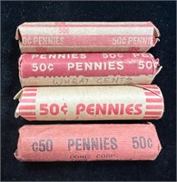 Lot of Four Unsearched Rolls of Wheat Pennies