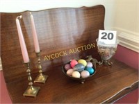 set of candlesticks, brass bowl of marble eggs, &