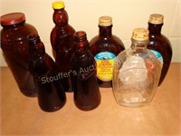 Vintage brown glass syrup bottles, etc.