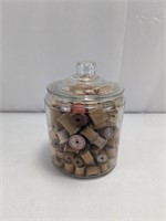 (1) Vintage Glass Jar w/ Wooden Spools of Thread