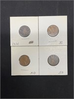 4 Wheat Pennies, 1908, 30, 51, 52