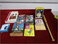 Vintage book lot. Small baseball bat. Poker