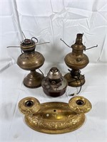 Lot of Antique Light fixtures and oil lamp