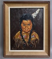 Framed Oil on Board Indigenous Child, Signed