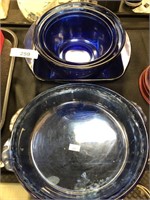 Lot of blue glass pie, mixing bowls. To include