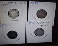 (4) Seated Dimes - 1838, 39, 92, 91