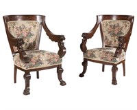 Carved Victorian Mahogany Inlaid Chairs - Pair