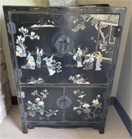 Vintage Asian Black Lacquer Chinoiserie Cabinet