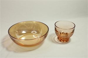 Set of Two Amber Carnival Glass Articles