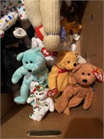 Box of beanie babies and two large sock monkey’s