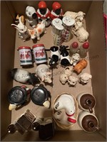 Box lot of salt and pepper shakers and more