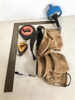tool belt, 100' tape measure, chalk line, drain