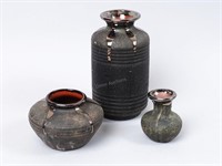3 Black Ceramic Drip Glaze Vases w/Bronze Trim