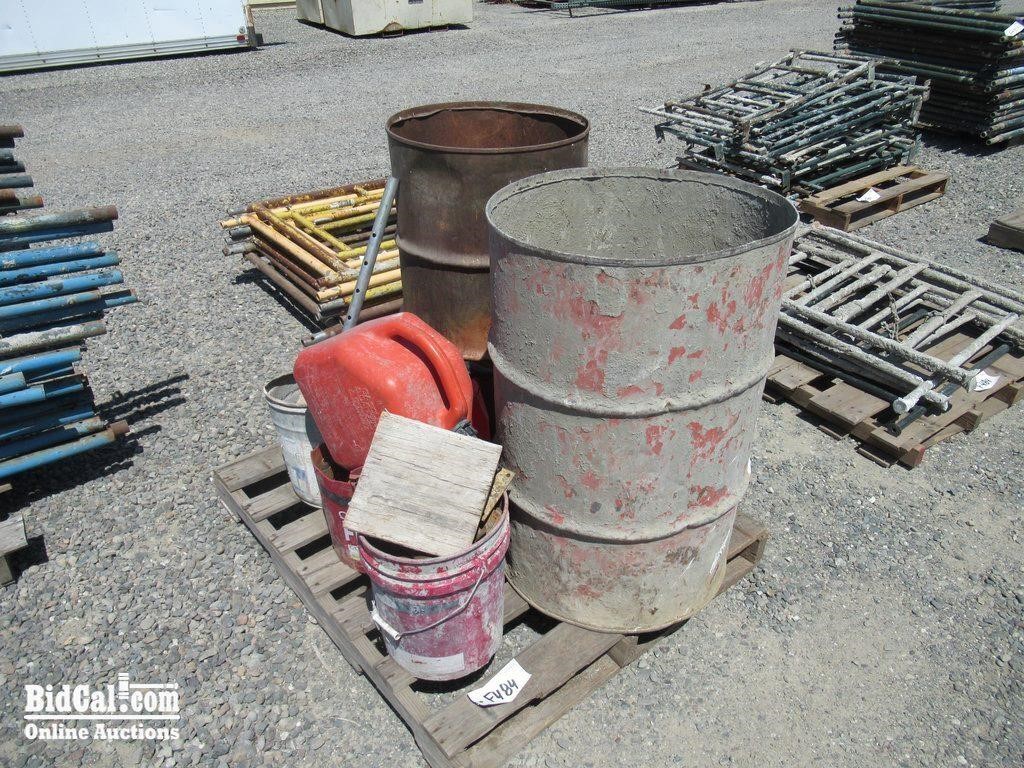 Pallet of Assorted Barrels and Gas Cans