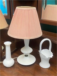 Hobnail Milk Glass Lamp, Basket & Vase