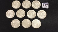 Lot of 10 Uncirculated 1889 Morgan Silver Dollars
