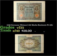 1920 Germany (Weimar) 100 Marks Banknote P# 69b Gr