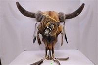 BUFFALO SKULL W/ HAND PAINTED GRIZZLY BEAR