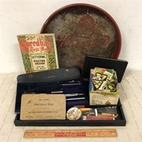 OLD ADVERTISING TRAY, SCOUT BADGES & MORE