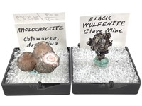 Rhodochrosite & Black Wulfenite Specimens