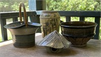 Handcrafted Pottery Planters and Birdhouse
