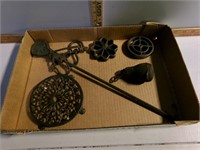 Iron scale part, cast trivet and 2 other items