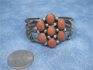 Vtg Navajo Sterling Silver & Coral Bracelet See