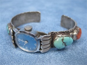 Vtg Sterling Silver Turquoise Coral Ladies Watch