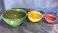 3 antique mixing bowls, large green , medium