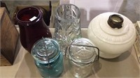 Group lot, milk glass oil lamp, 2 fruit jars, red