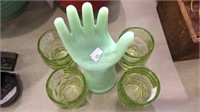 Green glass hand ring holder, 4 green glass