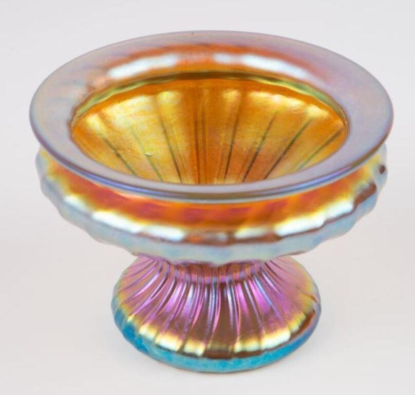 Tiffany Favrile Iridescent Footed Art Glass Vase.