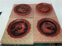 4 Beautiful Cinnabar Oriental Collectors Plates