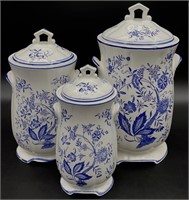 3 Vintage Blue & White Porcelain Canisters
