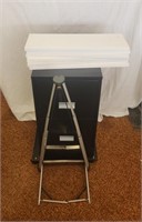 Metal Filing Cabinet, Luggage Caddy, White Shelves