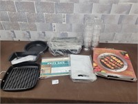stove top grill, cutting board, baking dishes, etc