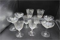 Vintage Floral Etched Glass Wine & Martini Glasses