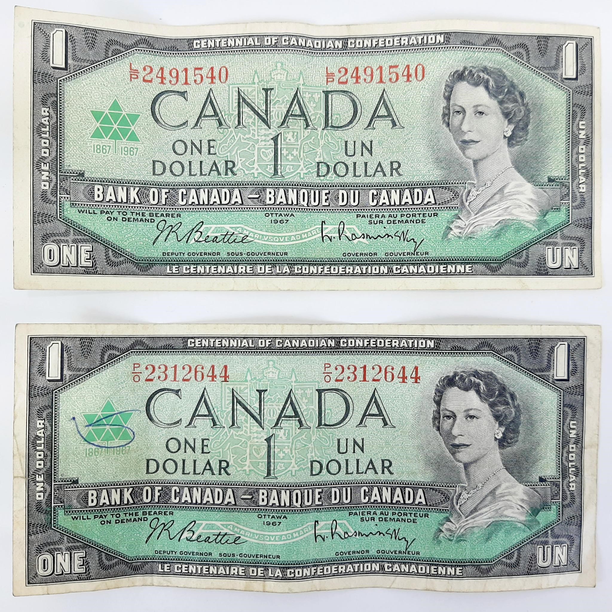 2x UN DOLLAR 1967 Centenaire Confédération Canada