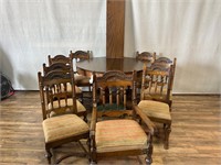 Antique Carved Dining Table w/8 Chairs, Leaf Wear