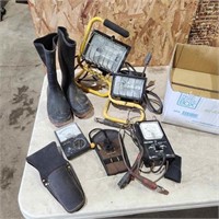 Sz 6 Rubber Boots, Work Lights, Volt Meters, Etc.