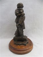 BRONZE MOTHER AND CHILD ON WOODEN BASE SIGNED