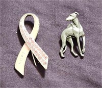 Brooches - Breast Cancer Ribbon and Greyhound