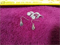 Silver Metal Floral Brooch & Drop Earrings Lot